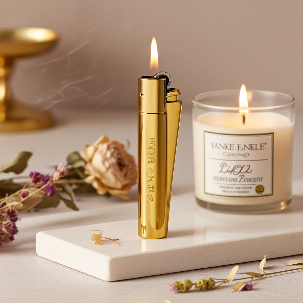 Gold lighter and Yankee Candle on a marble surface with flowers and books in the background
