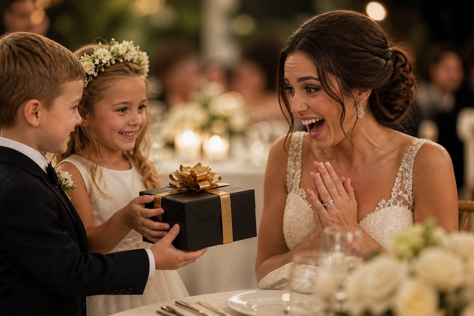 Woman reacting to a child holding a gift at a formal event