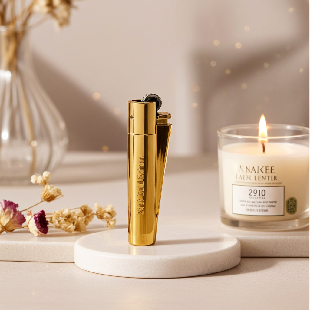 Gold lighter and lit candle on a marble surface with decorative elements