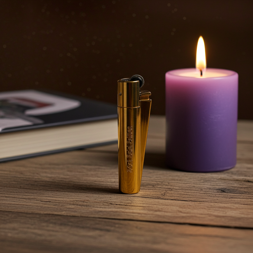 Gold lighter and purple candle on a wooden surface with a blurred book in the background