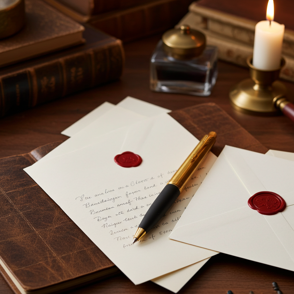 Intricate letter with red wax seal, pen, and envelope on a wooden desk with books and candle.