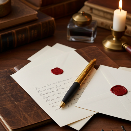 Intricate letter with red wax seal, pen, and envelope on a wooden desk with books and candle.