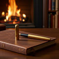 Gold plated parker frontier fountain pen on a leather notebook with a fireplace in the background