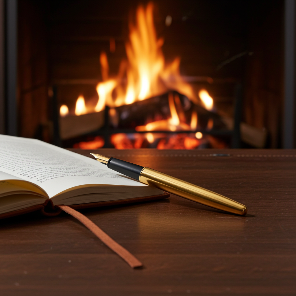 Open book and gold plated parker pen on a wooden surface with a fireplace in the background