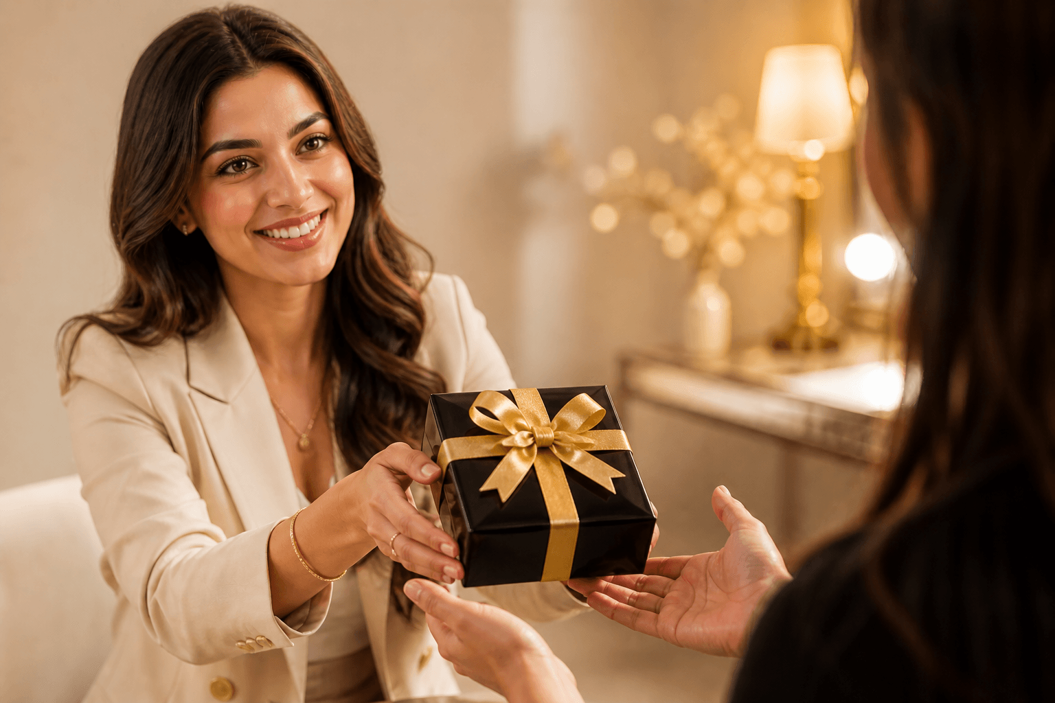Woman receiving a gift box with a gold ribbon from another person.