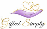 Logo of 'Gifted Simply' with a purple hand and gold hearts on a white background