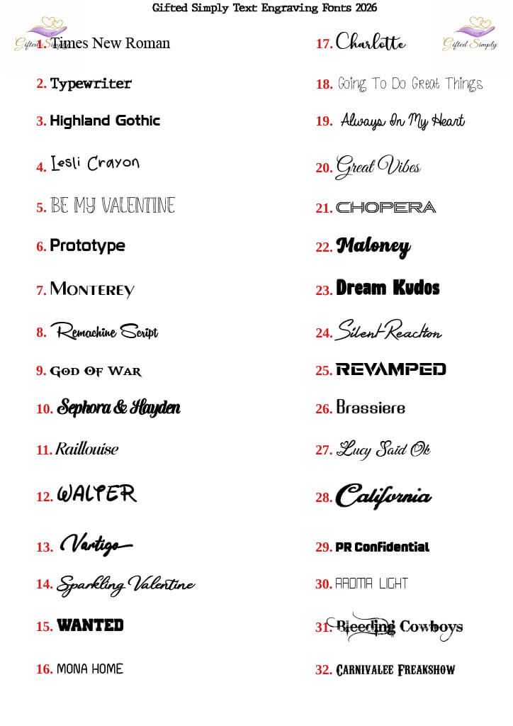 List of various font styles with decorative elements on a white background