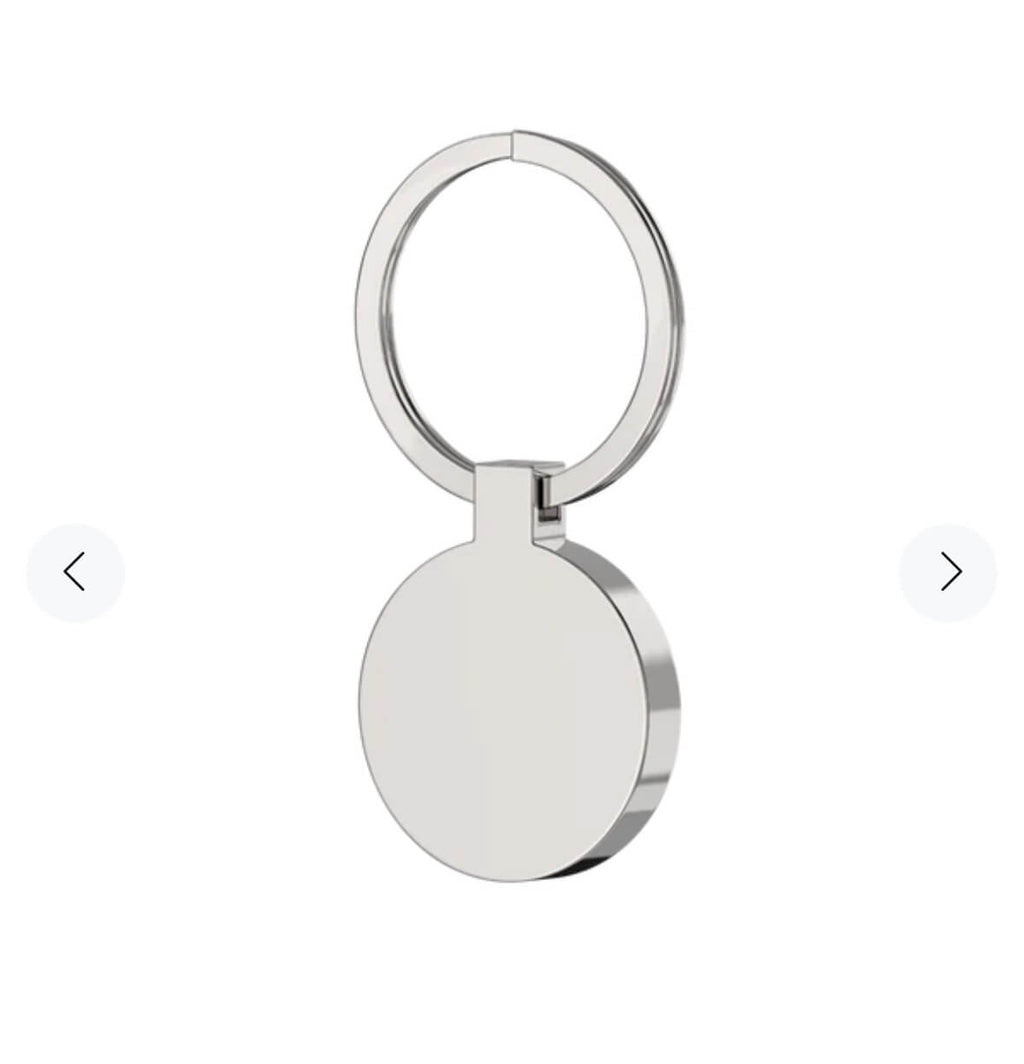 Silver keychain with a round tag on a white background