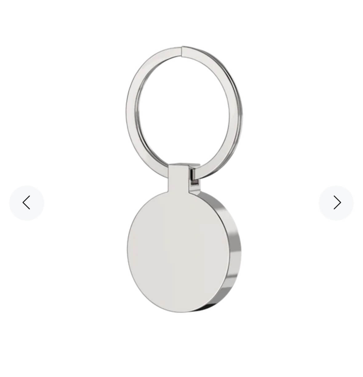 Silver keychain with a round tag on a white background