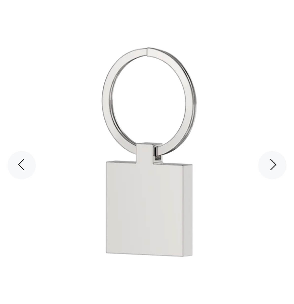 Silver keychain with a square tag on a white background